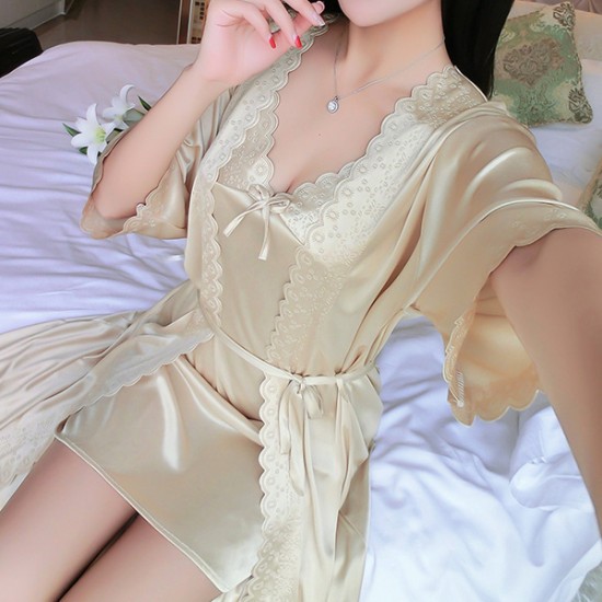 Show Image for Mid Skirt Nightgown V Neck Lace Sling Women Nightdress - Cream Mid Skirt Nightgown V Neck Lace Sling Women Nightdress - Cream |image