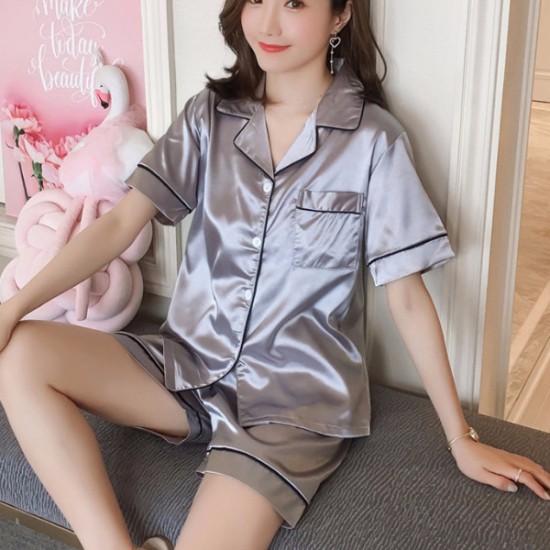 Show Image for Sweet Two Piece Short Sleeve Button Closure Nightwear - Grey Sweet Two Piece Short Sleeve Button Closure Nightwear - Grey |image