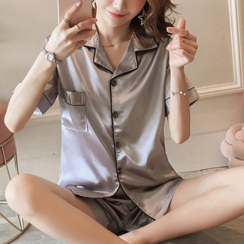 Sweet Two Piece Short Sleeve Button Closure Nightwear - Grey |image