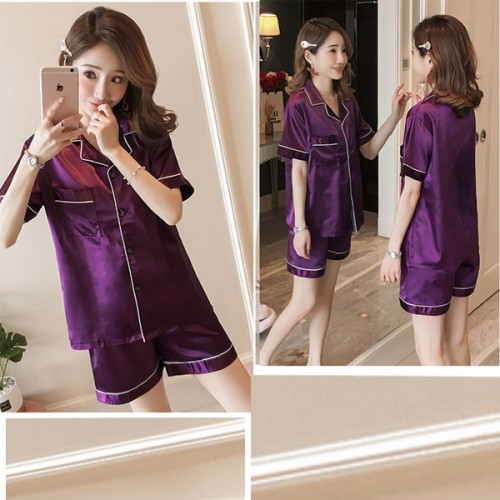 Sweet Two Piece Short Sleeve Button Closure Nightwear - Purple |image