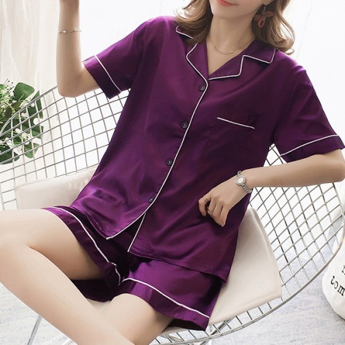 Sweet Two Piece Short Sleeve Button Closure Nightwear - Purple |image