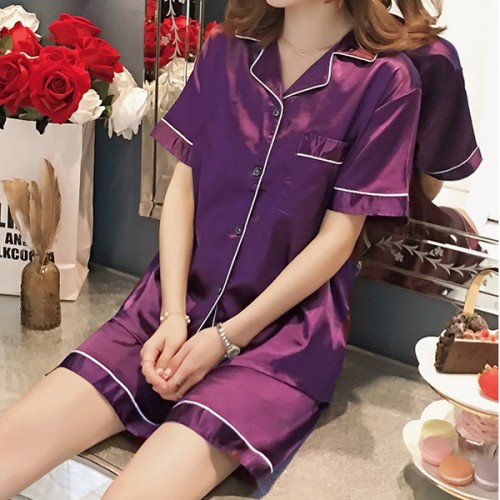 Sweet Two Piece Short Sleeve Button Closure Nightwear - Purple |image