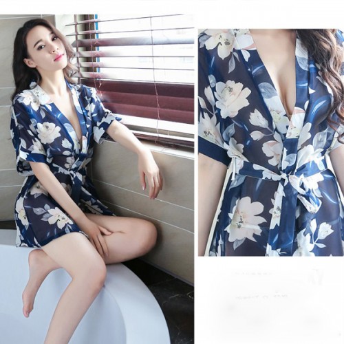 Kimono Knotted Chiffon Floral Printed Bathrobe Women Nightdress - Blue |image