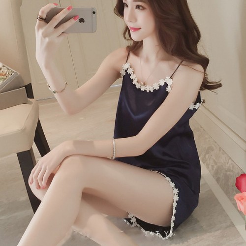 Leisure Lace Floral Silk Women Pajama Set Nightwear - Black |image