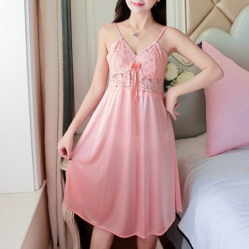 Plunge Neck Lace Detail Sleeveless Skirt Women Nightdress - Pink |image