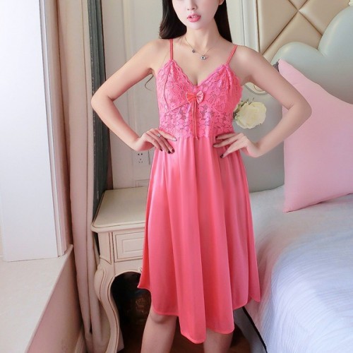 Plunge Neck Lace Detail Sleeveless Skirt Women Nightdress - Deep Pink |image