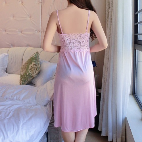 Plunge Neck Lace Detail Sleeveless Skirt Women Nightdress - Purple |image