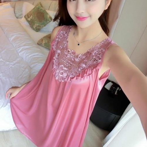 Luxury Shiny Silky Lace Round Neck Swing Skirt Nightwear - Pink |image