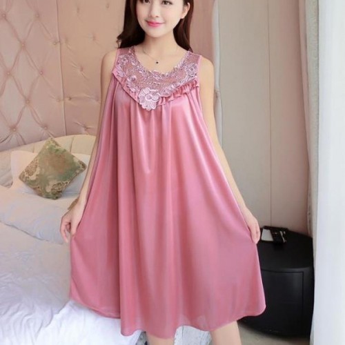 Luxury Shiny Silky Lace Round Neck Swing Skirt Nightwear - Pink |image