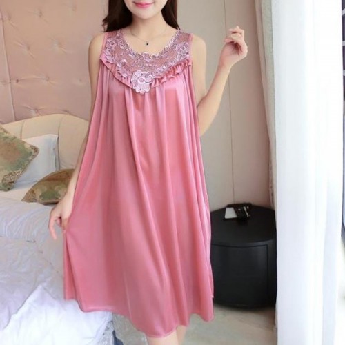 Luxury Shiny Silky Lace Round Neck Swing Skirt Nightwear - Pink |image