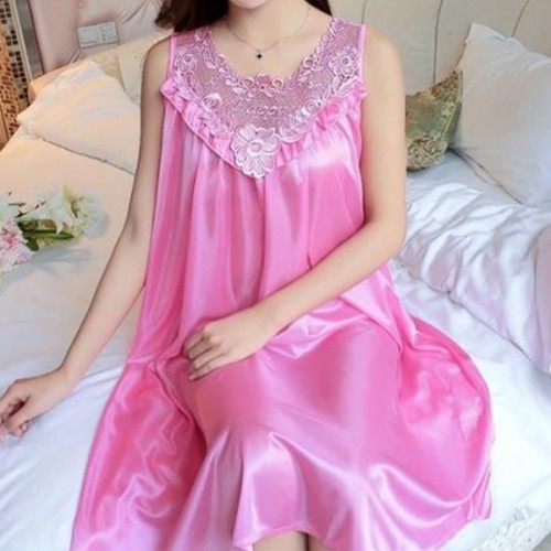 Luxury Shiny Silky Lace Round Neck Swing Skirt Nightwear - Pink |image