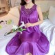 Luxury Shiny Silky Lace Round Neck Swing Skirt Nightwear - Purple