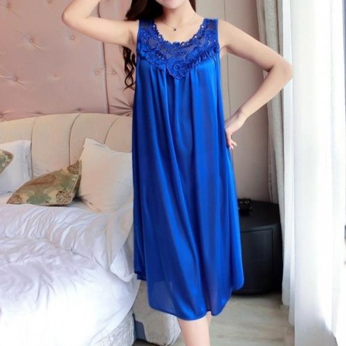 Luxury Shiny Silky Lace Round Neck Swing Skirt Nightwear - Blue |image