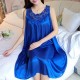 Luxury Shiny Silky Lace Round Neck Swing Skirt Nightwear - Blue |image