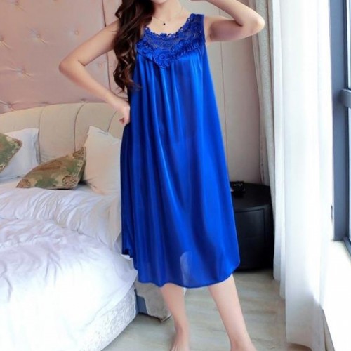 Luxury Shiny Silky Lace Round Neck Swing Skirt Nightwear - Blue |image