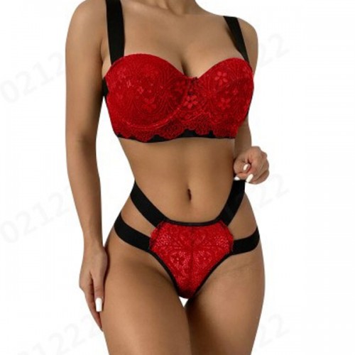 Two Pieces Bralette Floral Sleepwear Lace Bra and Panty Set - Red |image