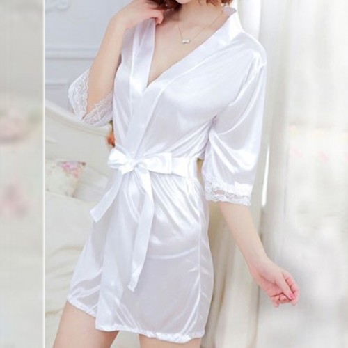 Elegant Oily Ribbon Knot Waist Women Nightwear Lingerie - White |image