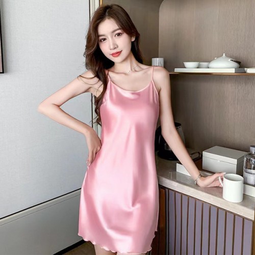 Elegant Thin Strap Silk Solid Color Women Night Dress - Pink |image