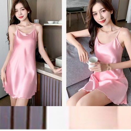Elegant Thin Strap Silk Solid Color Women Night Dress - Pink |image