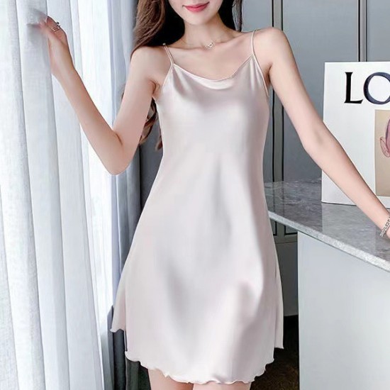 Elegant Thin Strap Silk Solid Color Women Night Dress - Cream |image