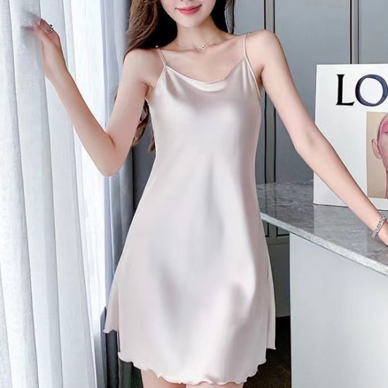 Elegant Thin Strap Silk Solid Color Women Night Dress - Cream |image