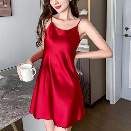 Elegant Thin Strap Silk Solid Color Women Night Dress - Red |image