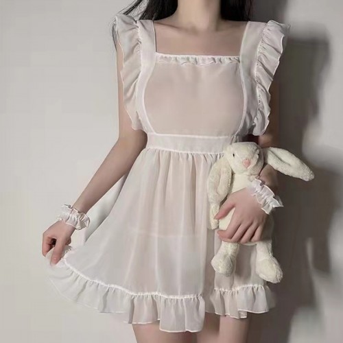 Sweet Square Neck Transparent Mini Ruffle Women Nightdress - White |image