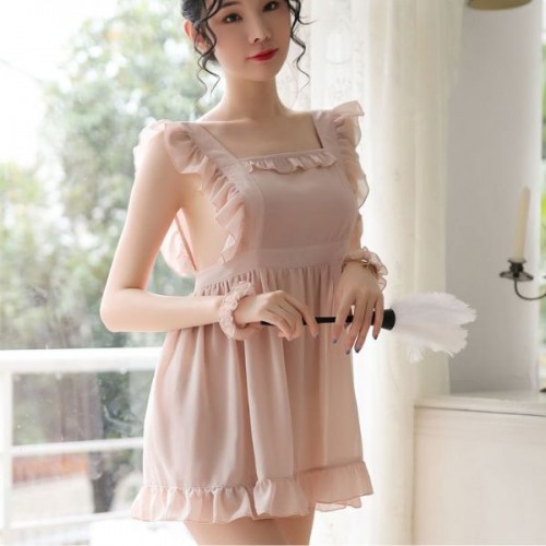 Sweet Square Neck Transparent Mini Ruffle Women Nightdress - Pink |image