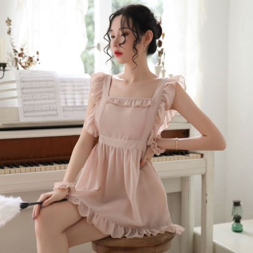 Sweet Square Neck Transparent Mini Ruffle Women Nightdress - Pink |image
