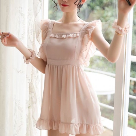 Sweet Square Neck Transparent Mini Ruffle Women Nightdress - Pink |image