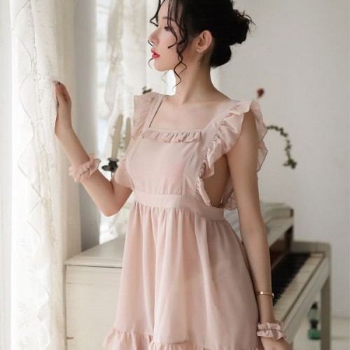 Sweet Square Neck Transparent Mini Ruffle Women Nightdress - Pink |image