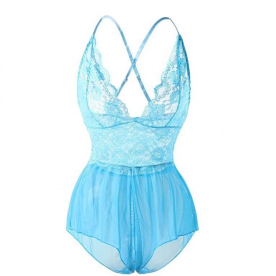 Lace Floral Details See Through Shoulder Strap Women Bodysuit - Light Blue |image