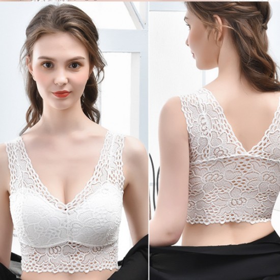 Bralette Lace Hollow Out Seamless Solid Women Lingerie Bra - White |image