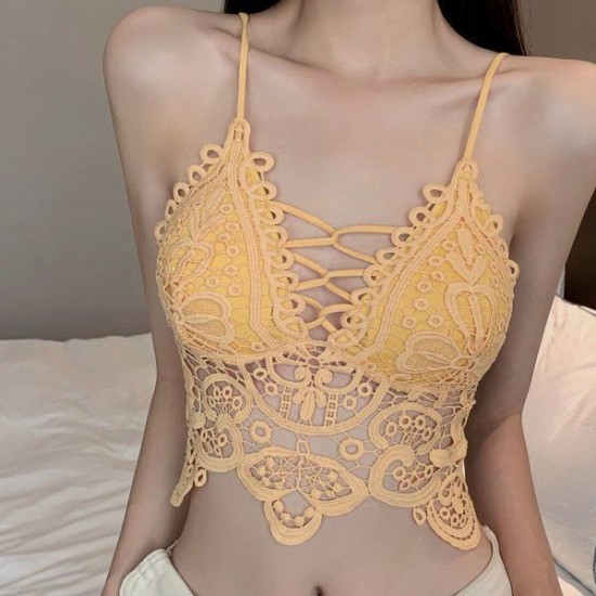 Vest Style Hollow Out Tank Top Mold Cup Lace Women Bra - Yellow |image