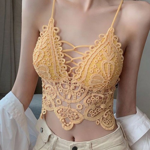 Vest Style Hollow Out Tank Top Mold Cup Lace Women Bra - Yellow |image