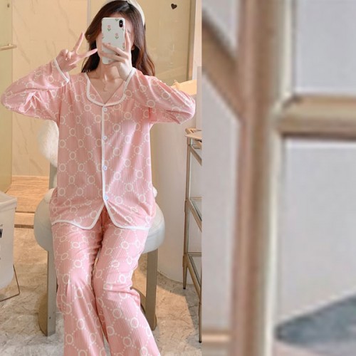 Cardigan Long Sleeves Pajamas Shirt Lapel Collar Nightdress - Pink |image