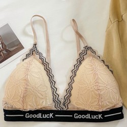 Breathable Triangle Cup Lace Thin Wireless Push Up Padded Bra - Cream