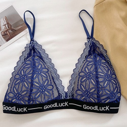 Breathable Triangle Cup Lace Thin Wireless Push Up Padded Bra - Blue |image