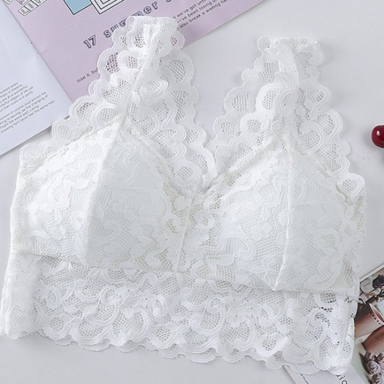 Beautiful Solid Strap Wrap Floral Lace Seamless Thin Mold Cup Bra - White |image