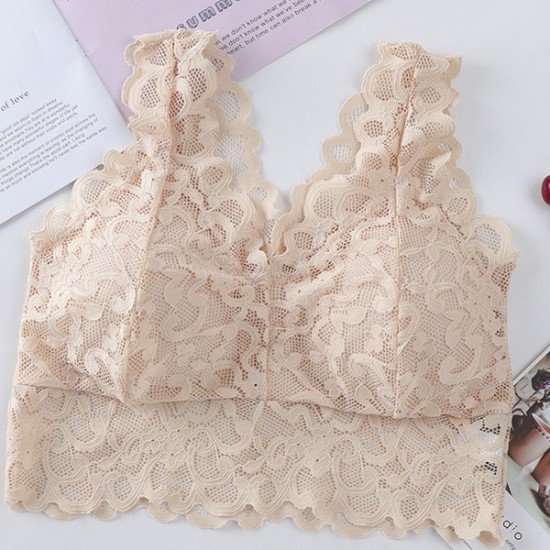 Beautiful Solid Strap Wrap Floral Lace Seamless Thin Mold Cup Bra - Cream |image