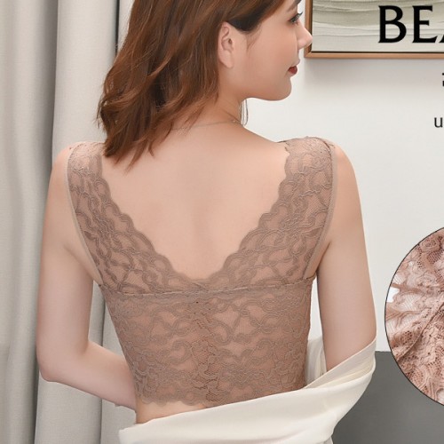 Beautiful Solid Strap Wrap Floral Lace Seamless Thin Mold Cup Bra - Cream |image