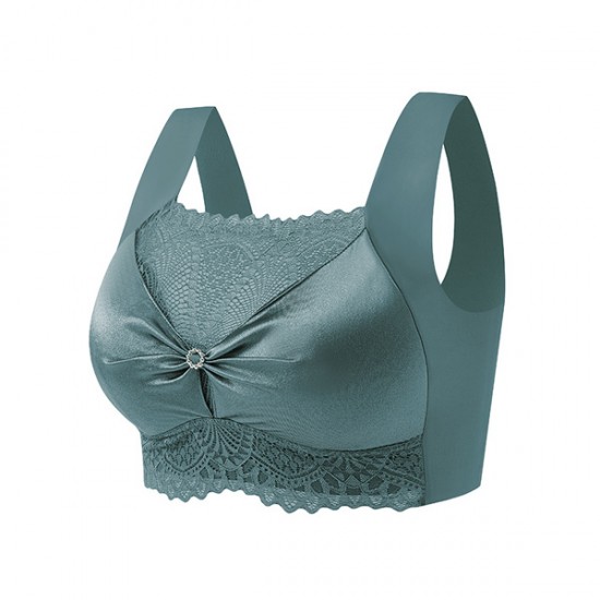 Solid Color Flower Lace Trackless Gathering Sports Unpadded Bra - Green |image