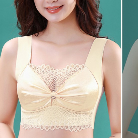 Solid Color Flower Lace Trackless Gathering Sports Unpadded Bra - Cream |image