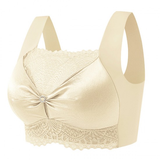 Solid Color Flower Lace Trackless Gathering Sports Unpadded Bra - Cream |image