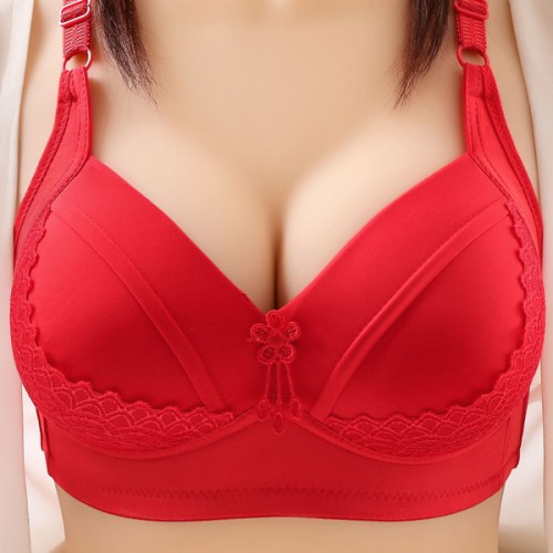 Comfortable Gathered Side Closed Lace Fixed Shoulder Straps Bra - Red |image