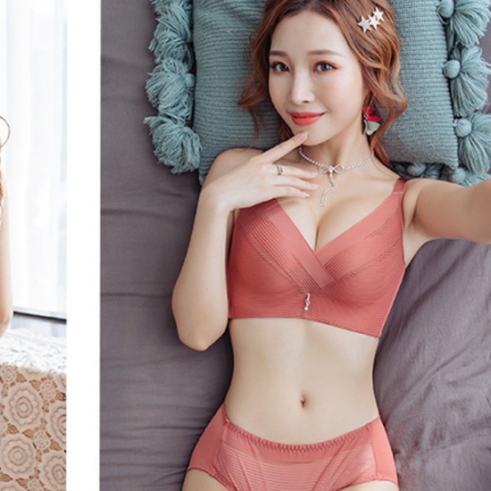 Comfortable Striped Lace V Neck Push Up Adjustable Brassiere - Red |image