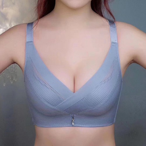 Comfortable Striped Lace V Neck Push Up Adjustable Brassiere - Grey |image