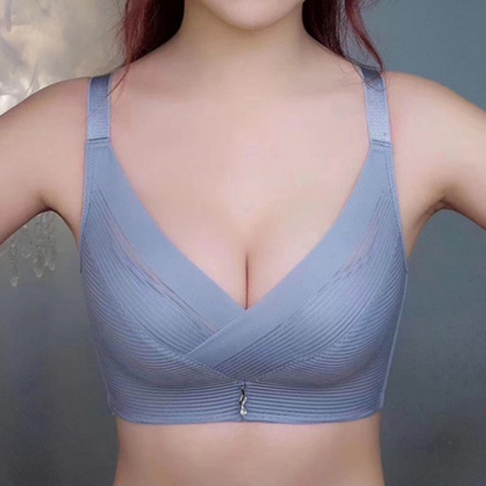 Comfortable Striped Lace V Neck Push Up Adjustable Brassiere - Grey |image