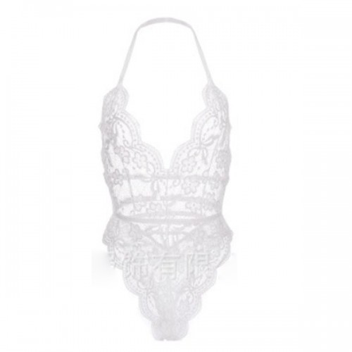 Elegant Hollow Out Halter Neck Lace Shapewear Bodysuit - White |image