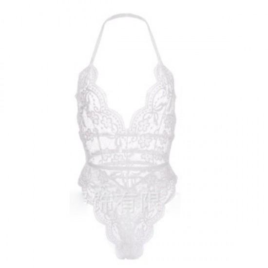 Elegant Hollow Out Halter Neck Lace Shapewear Bodysuit - White |image